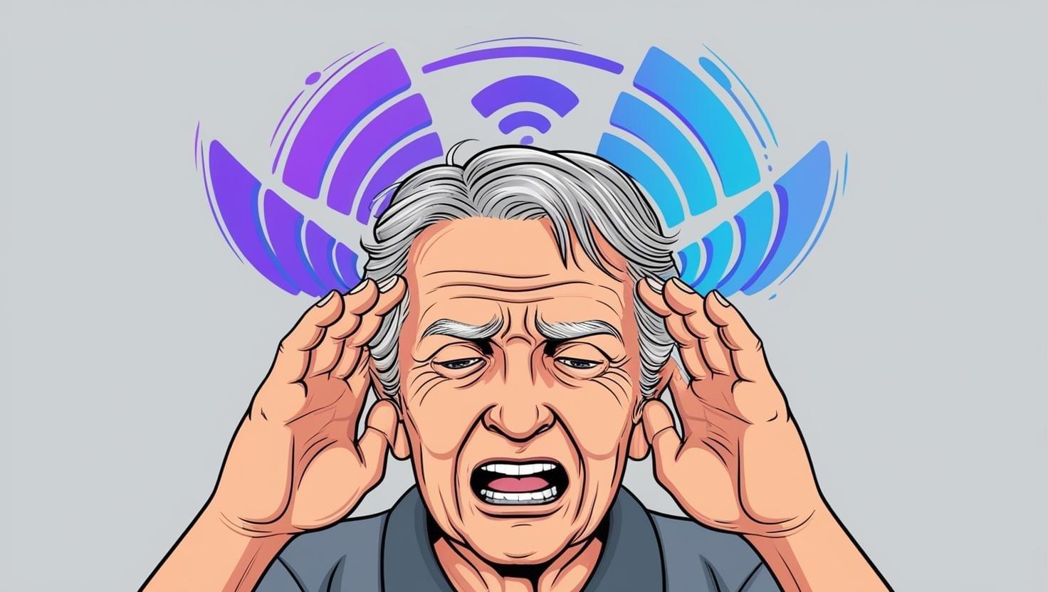 A person covering their ears in frustration, surrounded by sound waves representing the ringing of tinnitus.